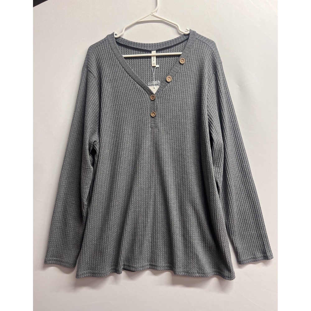 Woman Long Slv Shirt gray Plus 3X Stretch V neck NWT